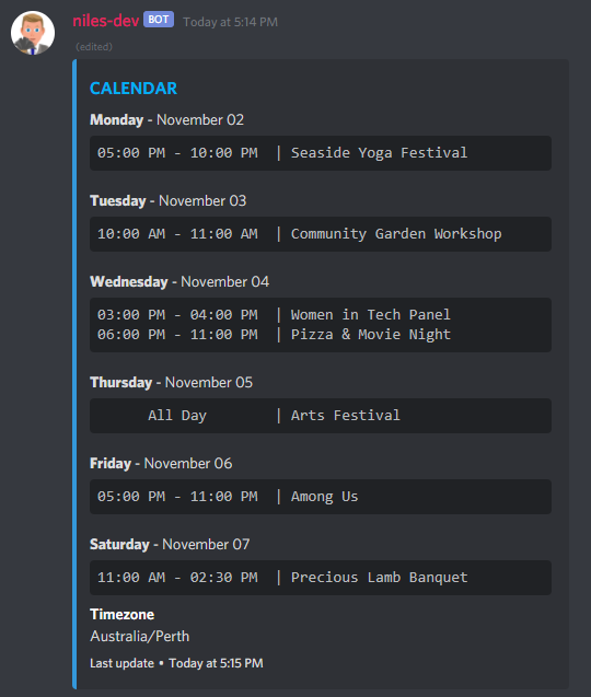 Customisation Niles Discord Calendar Bot